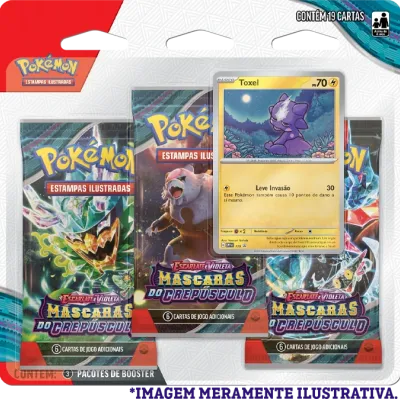 Pokémon - Escarlate e Violeta 06 - Máscaras do Crepúsculo - Blister com 3 booster + Toxel Pokémon - Escarlate e Violeta 06 - Máscaras do Crepúsculo - Blister com 3 booster + Toxel