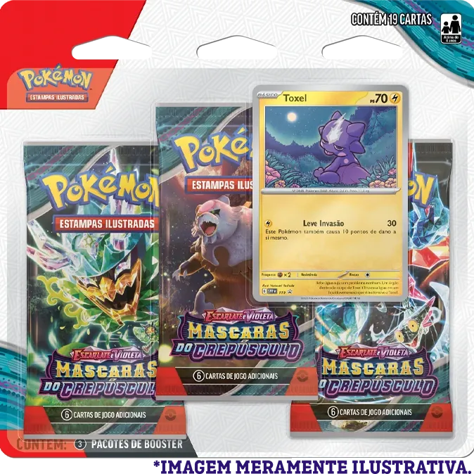 Pokémon - Escarlate e Violeta 06 - Máscaras do Crepúsculo - Blister com 3 booster + Toxel Pokémon - Escarlate e Violeta 06 - Máscaras do Crepúsculo - Blister com 3 booster + Toxel
