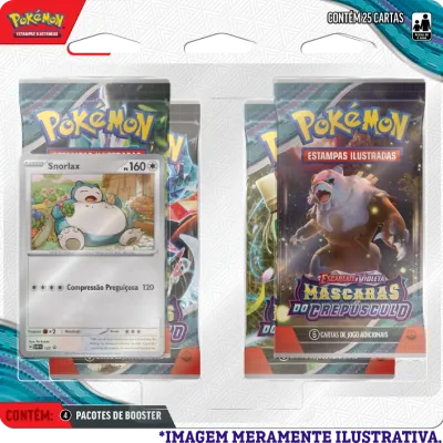 Pokémon - Escarlate e Violeta 06 - Máscaras do Crepúsculo - Blister com 4 booster + Snorlax Pokémon - Escarlate e Violeta 06 - Máscaras do Crepúsculo - Blister com 4 booster + Snorlax