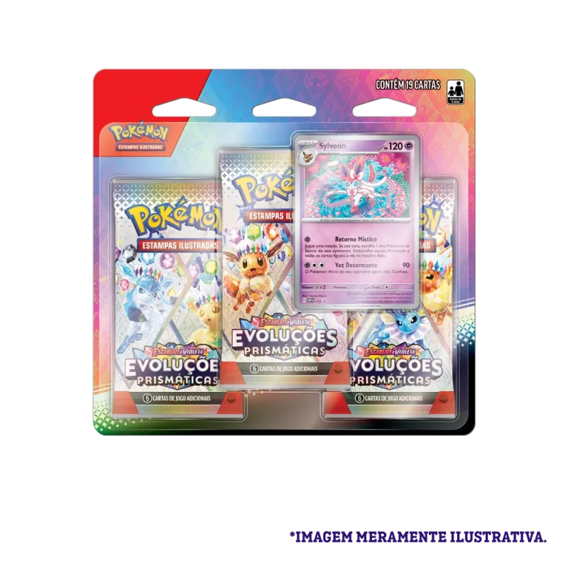 Pokémon - Escarlate e Violeta 08.5 - Evoluções Prismáticas - Blister com 3 booster + Sylveon Pokémon - Escarlate e Violeta 08.5 - Evoluções Prismáticas - Blister com 3 booster + Sylveon