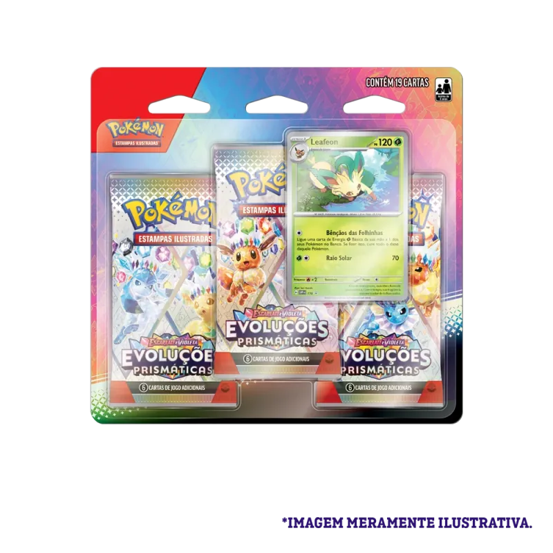 Pokémon - Escarlate e Violeta 08.5 - Evoluções Prismáticas - Blister com 3 booster + Leafon Pokémon - Escarlate e Violeta 08.5 - Evoluções Prismáticas - Blister com 3 booster + Leafon