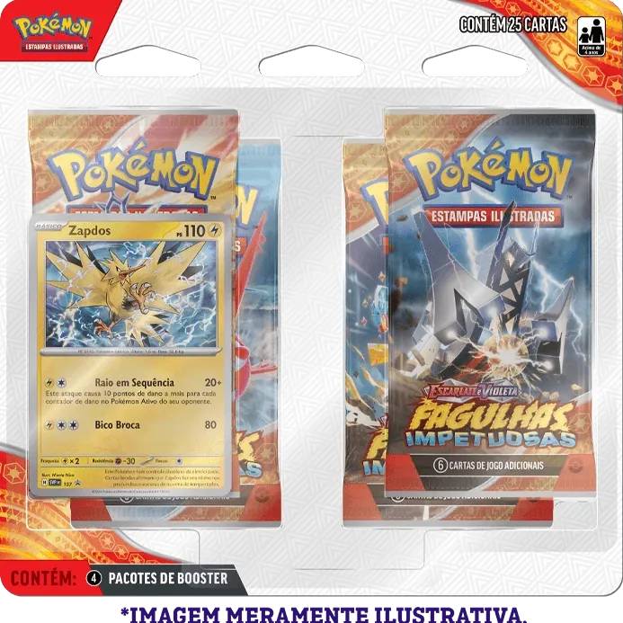 Pokémon - Escarlate e Violeta 08 - Fagulhas Impetuosas - Blister com 4 booster + Zapdos Pokémon - Escarlate e Violeta 08 - Fagulhas Impetuosas - Blister com 4 booster + Zapdos
