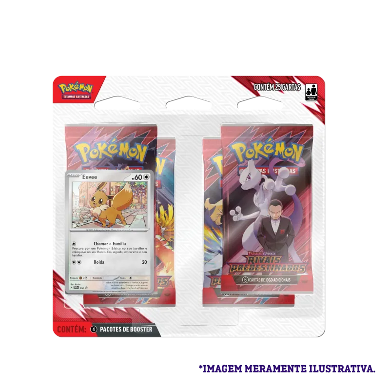Pokémon - Escarlate e Violeta 10 - Rivais Predestinados - Blister com 4 booster + Eevee Pokémon - Escarlate e Violeta 10 - Rivais Predestinados - Blister com 4 booster + Eevee