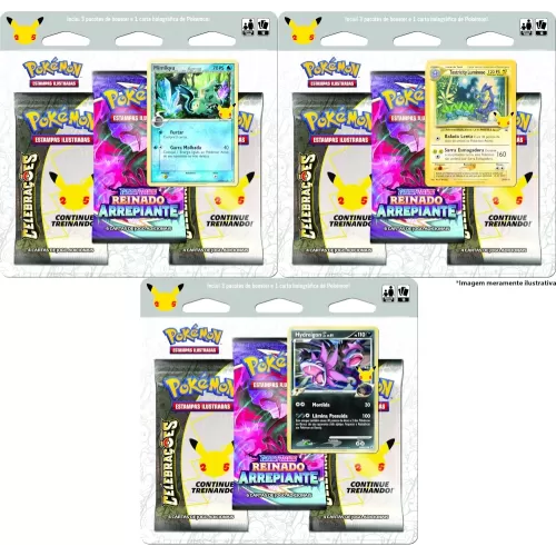 Pokémon - Celebrações - Kit de 3 Blisters com 3 boosters (Hydreigon C + Mimikyu δ + Toxtricity Luminoso)