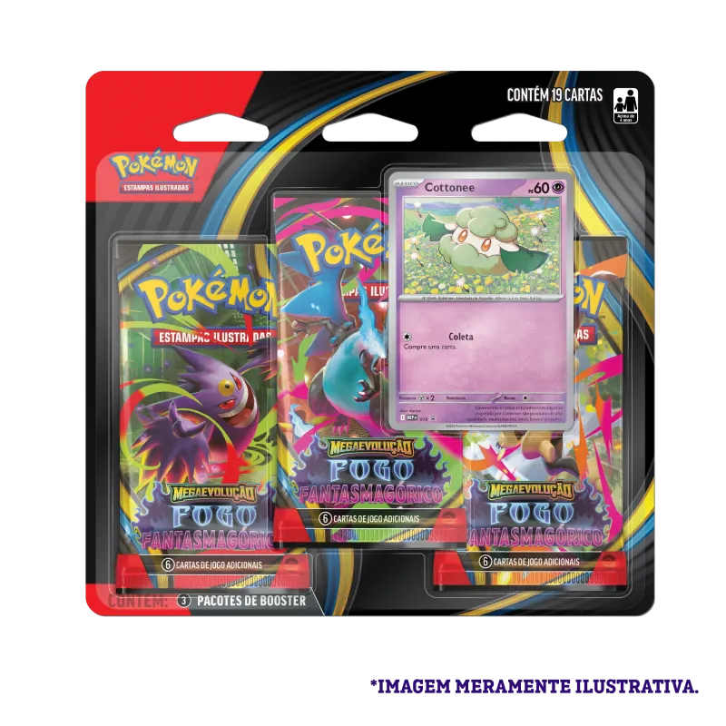 Pokémon - Mega Evolução 02 - Fogo Fantasmagórico - Blister com 3 booster + Cottonee Pokémon - Mega Evolução 02 - Fogo Fantasmagórico - Blister com 3 booster + Cottonee