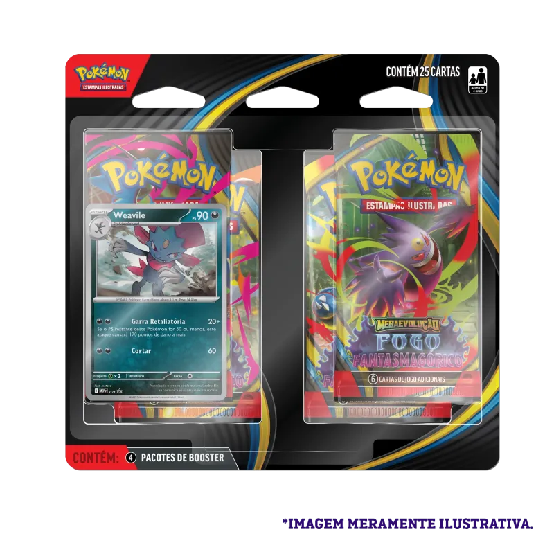 Pokémon - Mega Evolução 02 - Fogo Fantasmagórico - Blister com 4 booster + Weavile Pokémon - Mega Evolução 02 - Fogo Fantasmagórico - Blister com 4 booster + Weavile
