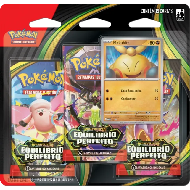 Pokémon - Mega Evolução 03 - Equilíbrio Perfeito - Blister com 3 booster + Makuhita Pokémon - Mega Evolução 03 - Equilíbrio Perfeito - Blister com 3 booster + Makuhita