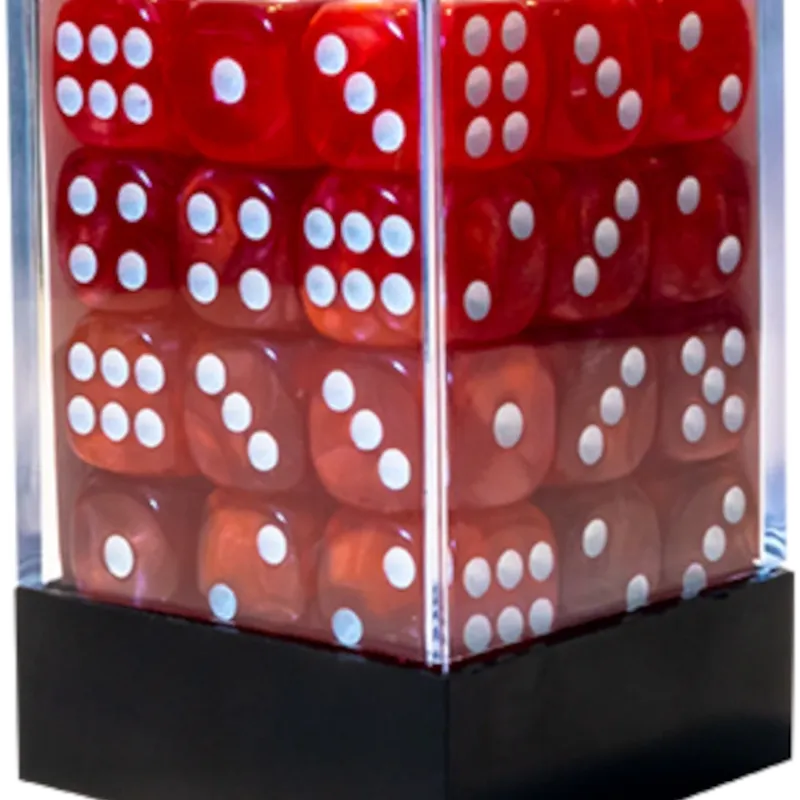 Kit 36 Dados D6 12mm Marmorizado Vermelho c/ Pontos Brancos - Central