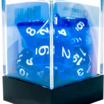 Kit 7 Dados Translúcido Azul c/ Números Brancos