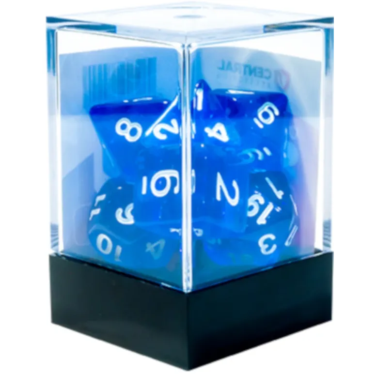 Kit 7 Dados Translúcido Azul c/ Números Brancos