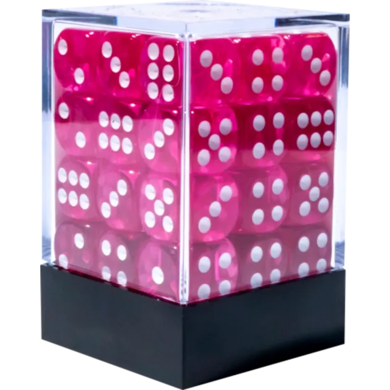 Kit 36 Dados D6 12mm Translúcido Rosa Choque c/ Pontos Brancos - Central