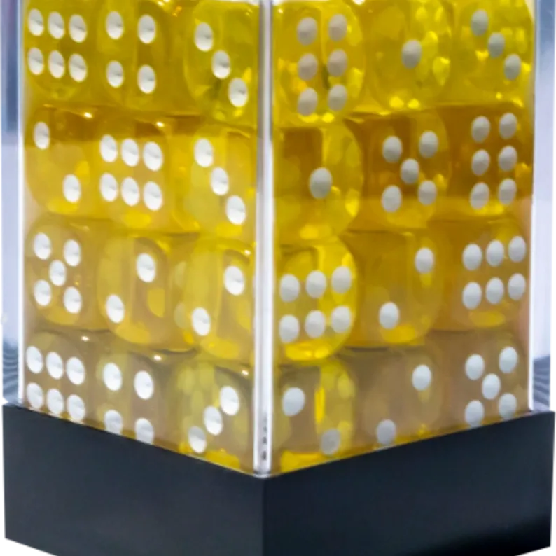 Kit 36 Dados D6 12mm Translúcido Amarelo c/ Pontos Brancos - Central