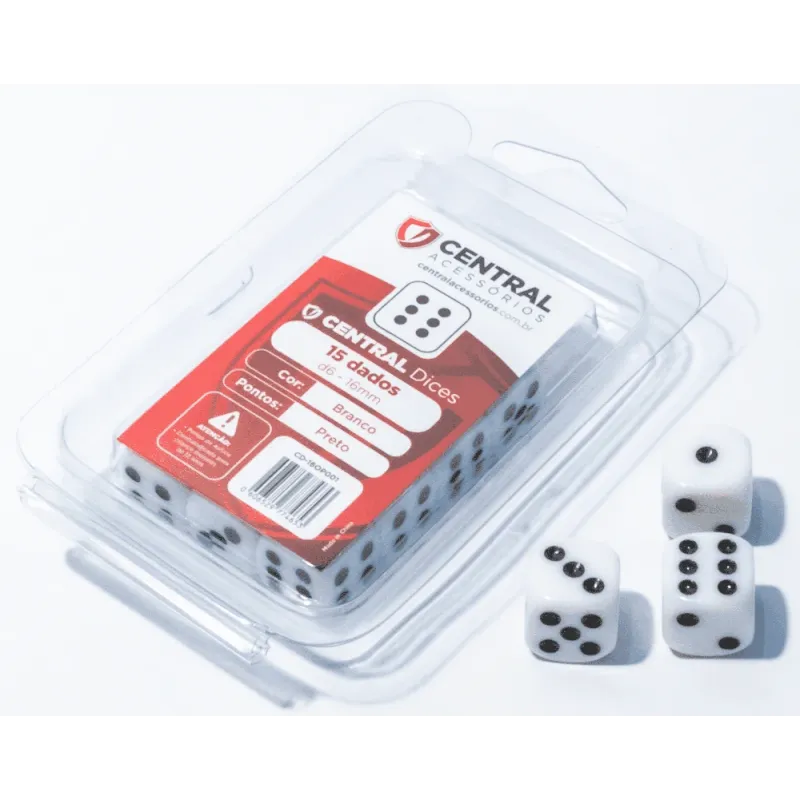 Kit 15 Dados D6 16mm Opaco Branco e Preto - Central