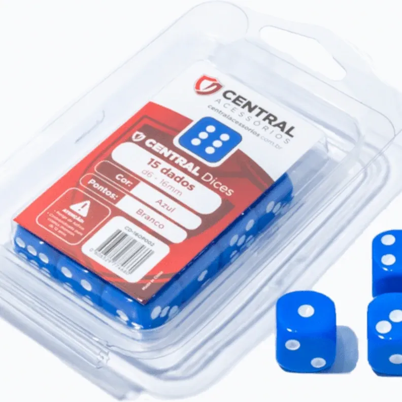 Kit 15 Dados D6 16mm Opaco Azul e Branco - Central