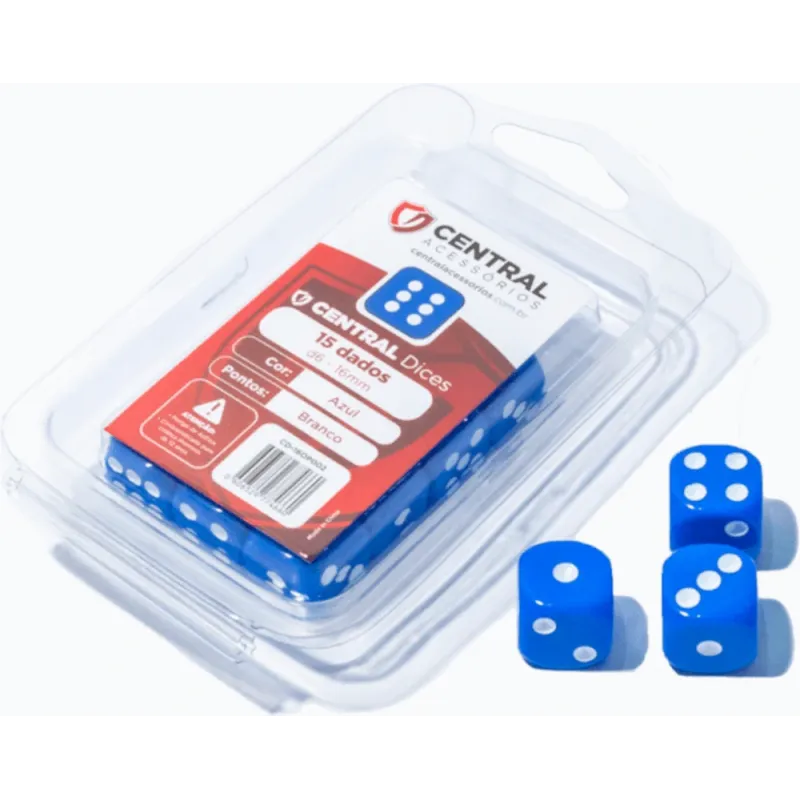 Kit 15 Dados D6 16mm Opaco Azul e Branco - Central