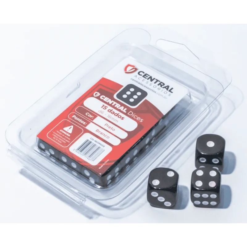 Kit 15 Dados D6 16mm Opaco Preto e Branco - Central