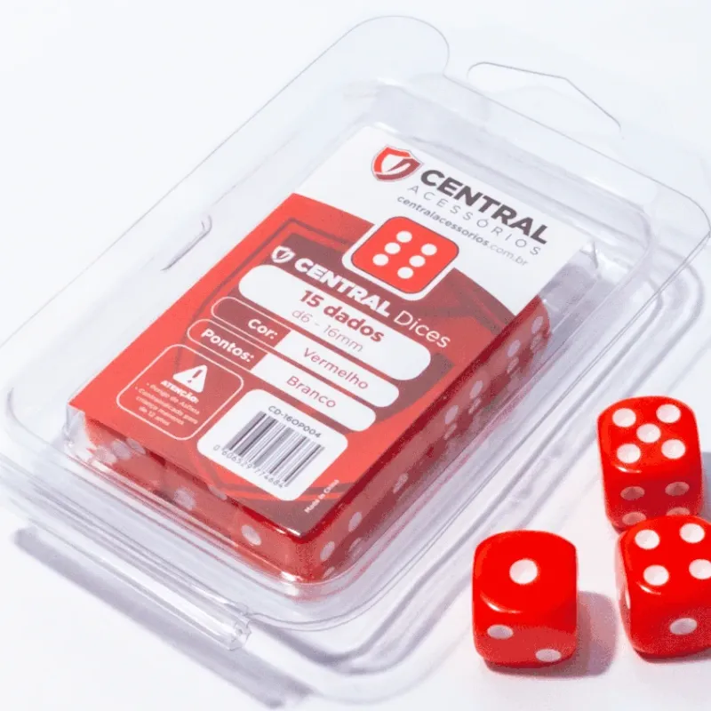 Kit 15 Dados D6 16mm Opaco Vermelho e Branco - Central