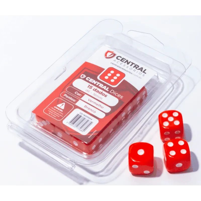 Kit 15 Dados D6 16mm Opaco Vermelho e Branco - Central