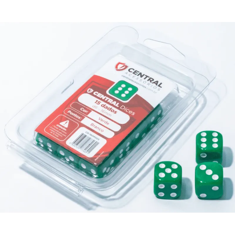 Kit 15 Dados D6 16mm Opaco Verde e Branco - Central