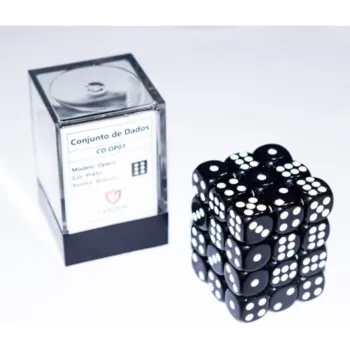 Kit 36 Dados D6 12mm Opaco Preto c/ Pontos Brancos - Central