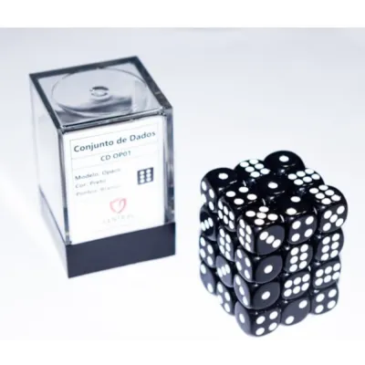 Kit 36 Dados D6 12mm Opaco Preto c/ Pontos Brancos - Central