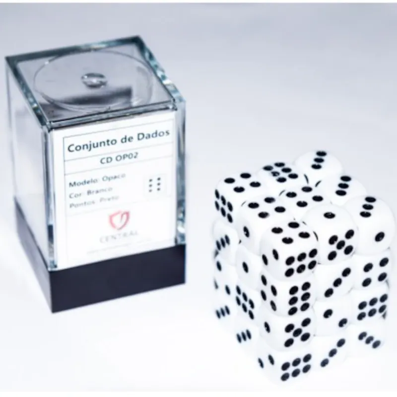 Kit 36 Dados D6 12mm Opaco Branco c/ Pontos Pretos - Central