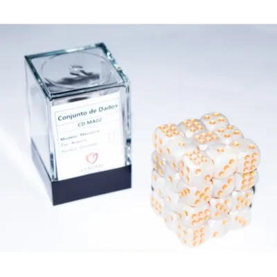 Kit 36 Dados D6 12mm Marmorizado Branco c/ Pontos Dourados - Central