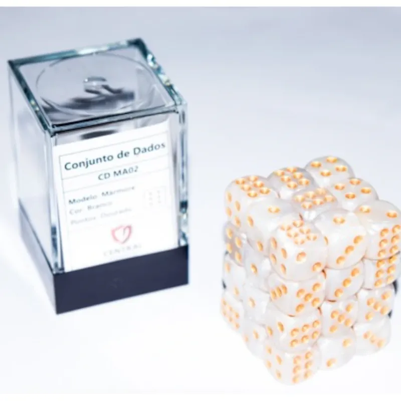 Kit 36 Dados D6 12mm Marmorizado Branco c/ Pontos Dourados - Central