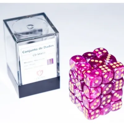 Kit 36 Dados D6 12mm Marmorizado Roxo c/ Pontos Dourados - Central