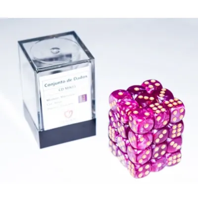 Kit 36 Dados D6 12mm Marmorizado Roxo c/ Pontos Dourados - Central