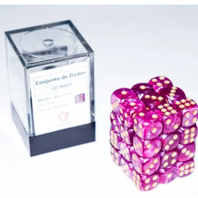 Kit 36 Dados D6 12mm Marmorizado Roxo c/ Pontos Dourados - Central