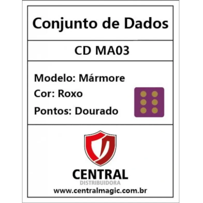 Kit 36 Dados D6 12mm Marmorizado Roxo c/ Pontos Dourados - Central