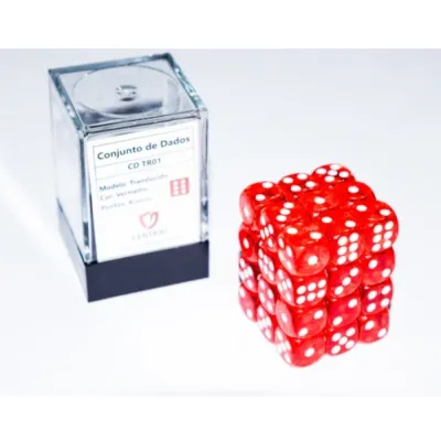 Kit 36 Dados D6 12mm Translúcido Vermelho c/ Pontos Brancos - Central