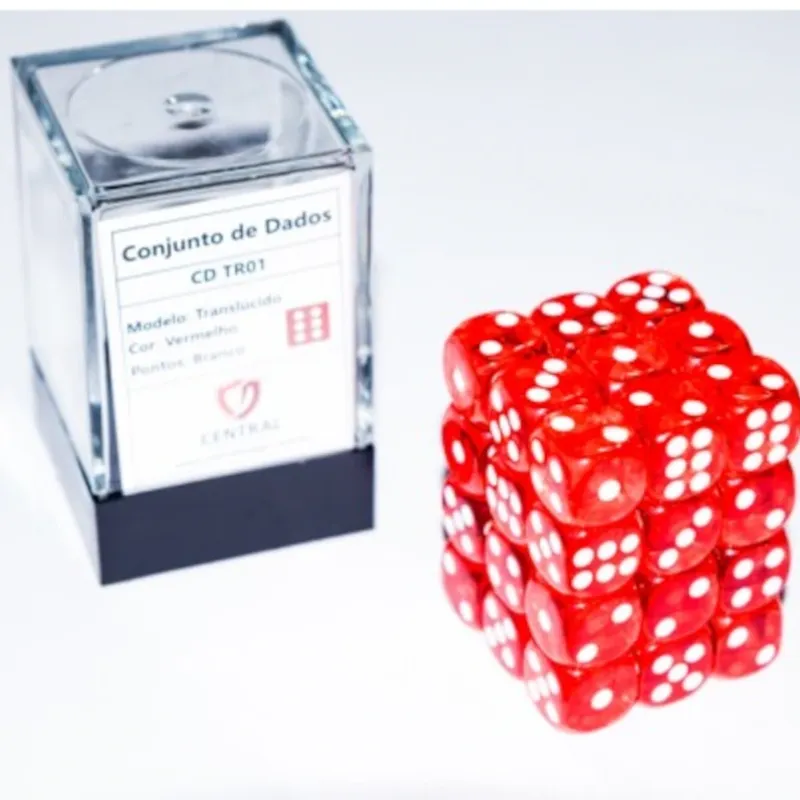 Kit 36 Dados D6 12mm Translúcido Vermelho c/ Pontos Brancos - Central
