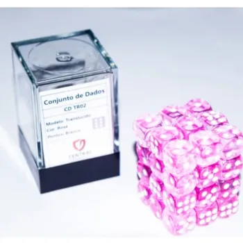 Kit 36 Dados D6 12mm Translúcido Rosa c/ Pontos Brancos - Central