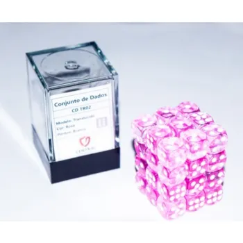 Kit 36 Dados D6 12mm Translúcido Rosa c/ Pontos Brancos - Central