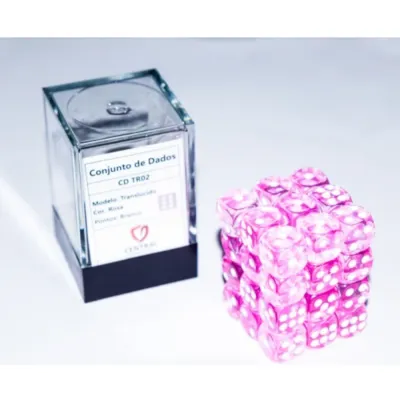 Kit 36 Dados D6 12mm Translúcido Rosa c/ Pontos Brancos - Central
