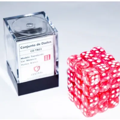 Kit 36 Dados D6 12mm Translúcido Melancia c/ Pontos Brancos - Central Kit 36 Dados D6 12mm Translúcido Melancia c/ Pontos Brancos - Central