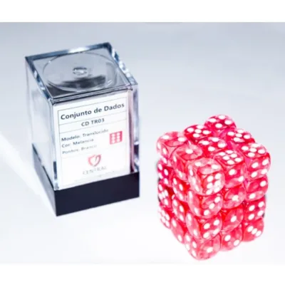 Kit 36 Dados D6 12mm Translúcido Melancia c/ Pontos Brancos - Central