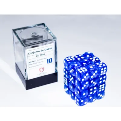 Kit 36 Dados D6 12mm Translúcido Azul Céu c/ Pontos Brancos - Central