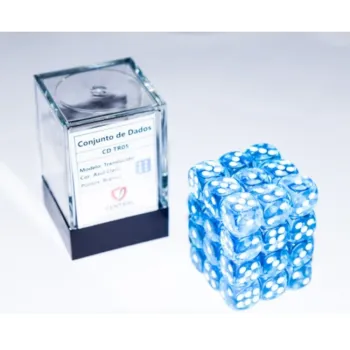 Kit 36 Dados D6 12mm Translúcido Azul Claro c/ Pontos Brancos - Central