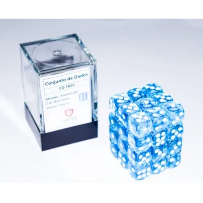 Kit 36 Dados D6 12mm Translúcido Azul Claro c/ Pontos Brancos - Central