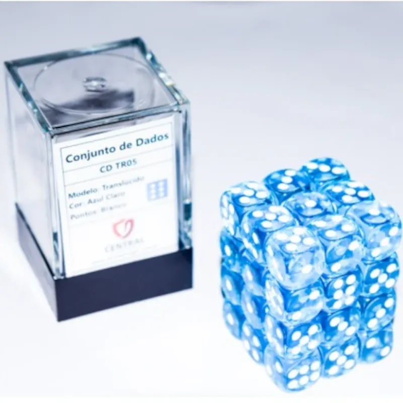 Kit 36 Dados D6 12mm Translúcido Azul Claro c/ Pontos Brancos - Central Kit 36 Dados D6 12mm Translúcido Azul Claro c/ Pontos Brancos - Central