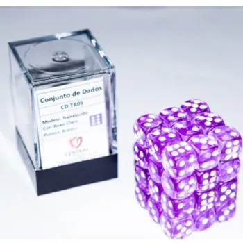 Kit 36 Dados D6 12mm Translúcido Roxo Claro c/ Pontos Brancos - Central