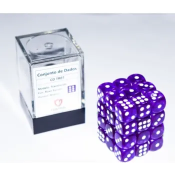 Kit 36 Dados D6 12mm Translúcido Roxo Escuro c/ Pontos Brancos - Central