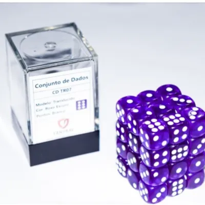 Kit 36 Dados D6 12mm Translúcido Roxo Escuro c/ Pontos Brancos - Central Kit 36 Dados D6 12mm Translúcido Roxo Escuro c/ Pontos Brancos - Central