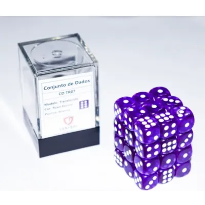 Kit 36 Dados D6 12mm Translúcido Roxo Escuro c/ Pontos Brancos - Central