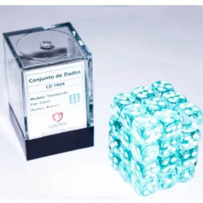 Kit 36 Dados D6 12mm Translúcido Ciano c/ Pontos Brancos - Central