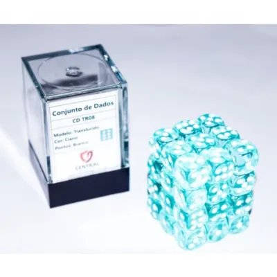 Kit 36 Dados D6 12mm Translúcido Ciano c/ Pontos Brancos - Central