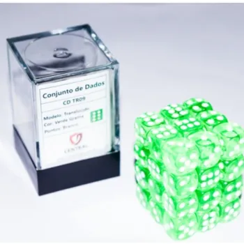 Kit 36 Dados D6 12mm Translúcido Verde Grama c/ Pontos Brancos - Central